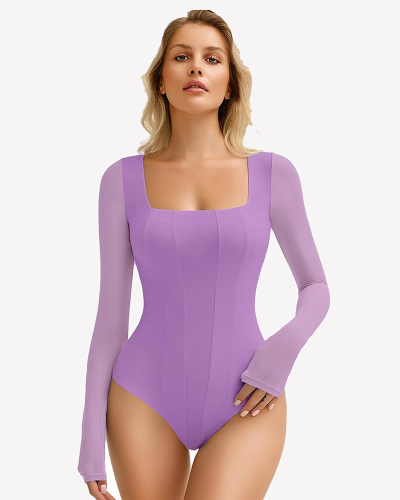 Square Neck One Piece Mesh Leotard Tops
