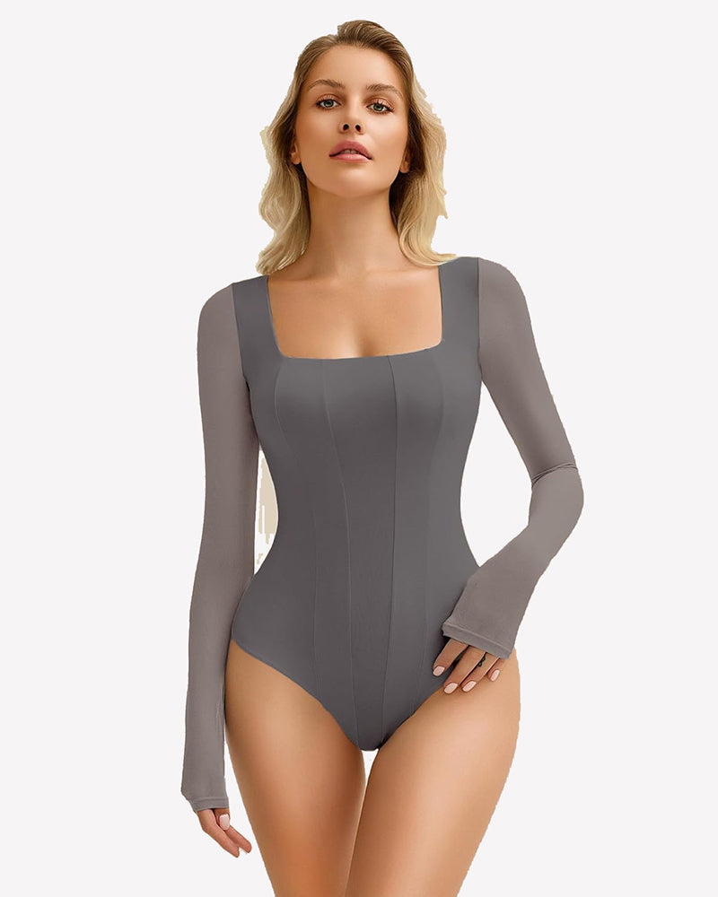 Square Neck One Piece Mesh Leotard Tops
