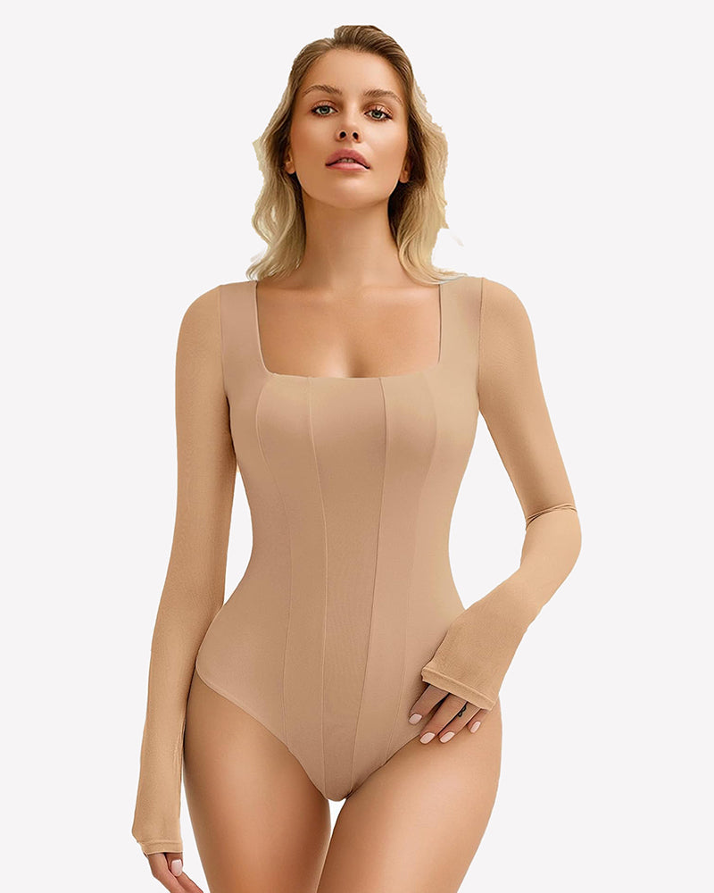 Square Neck One Piece Mesh Leotard Tops