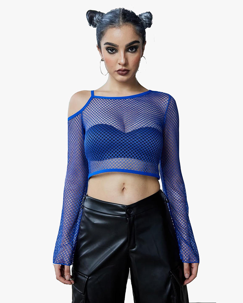 Long Sleeve Fishnet Shirt See Through Tops