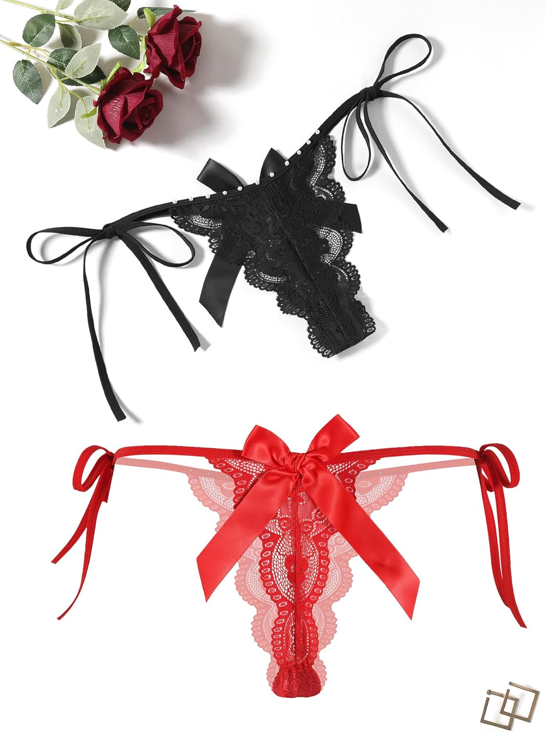 Floral Lace Tangas With Bow And Pearl