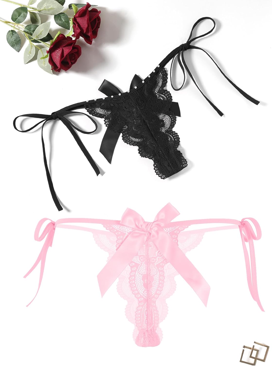 Floral Lace Tangas With Bow And Pearl