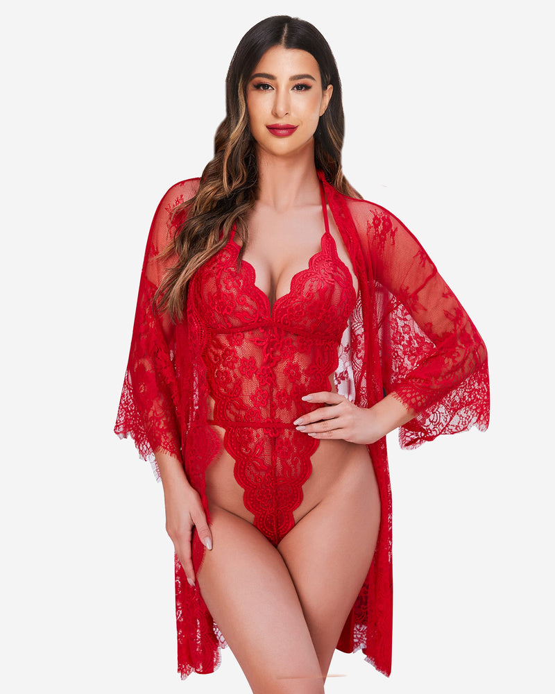 2 Piece Set Lace Robe with Teddy