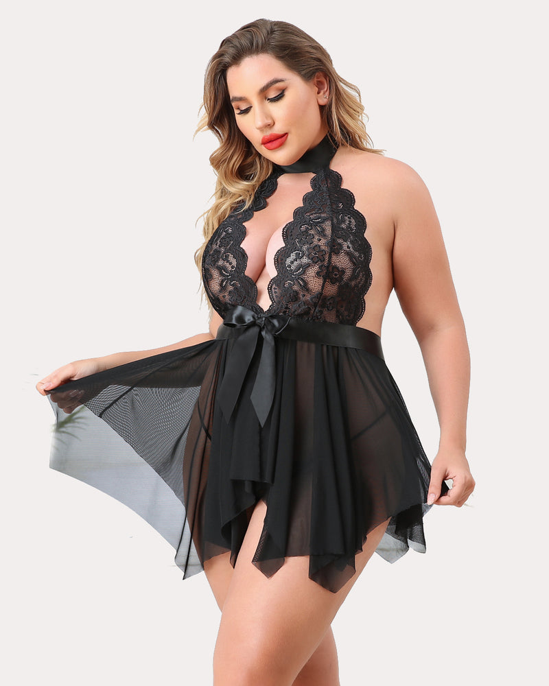 Plus Size Floral Lace High Waist Teddy Babydoll