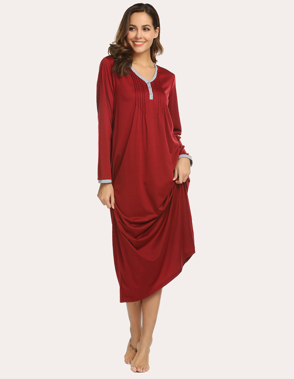 Long Sleeve Front Pleated Nightgown (US Only)