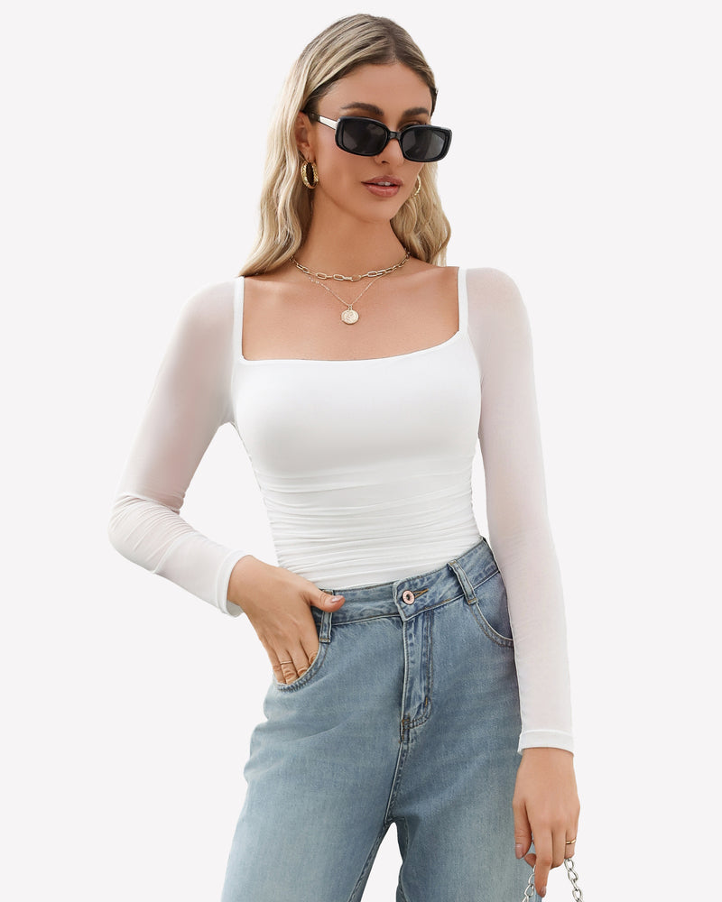 Square Neck Mesh Long Sleeve Bodysuit Shapewear