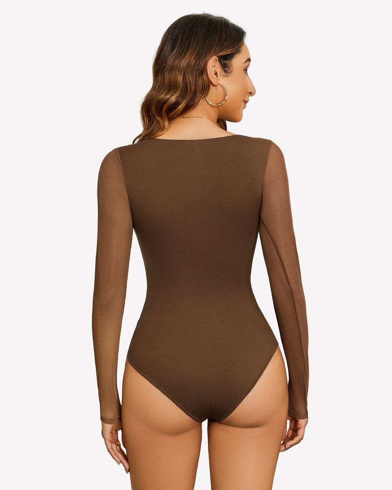 Square Neck One Piece Mesh Leotard Tops
