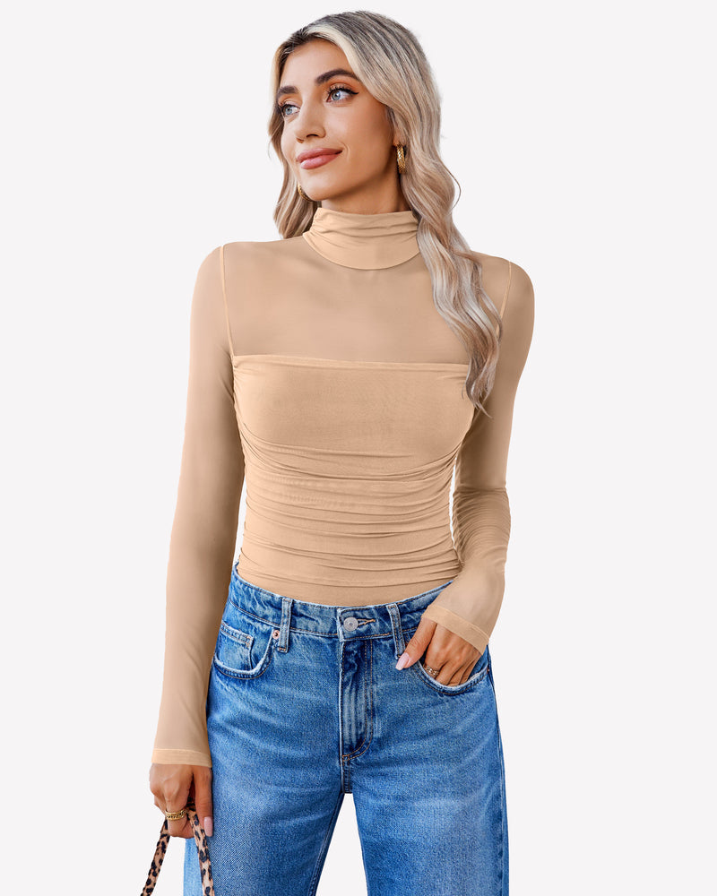 Turtle Neck Body Suits Mesh Leotard Shirt