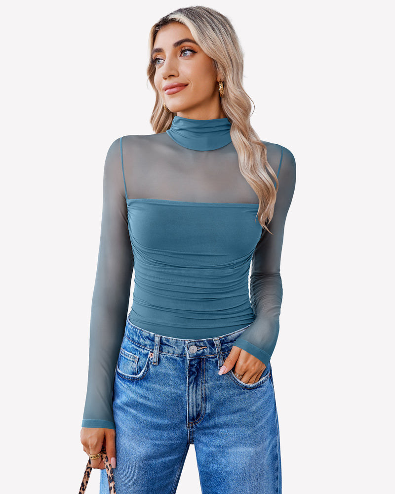Turtle Neck Body Suits Mesh Leotard Shirt
