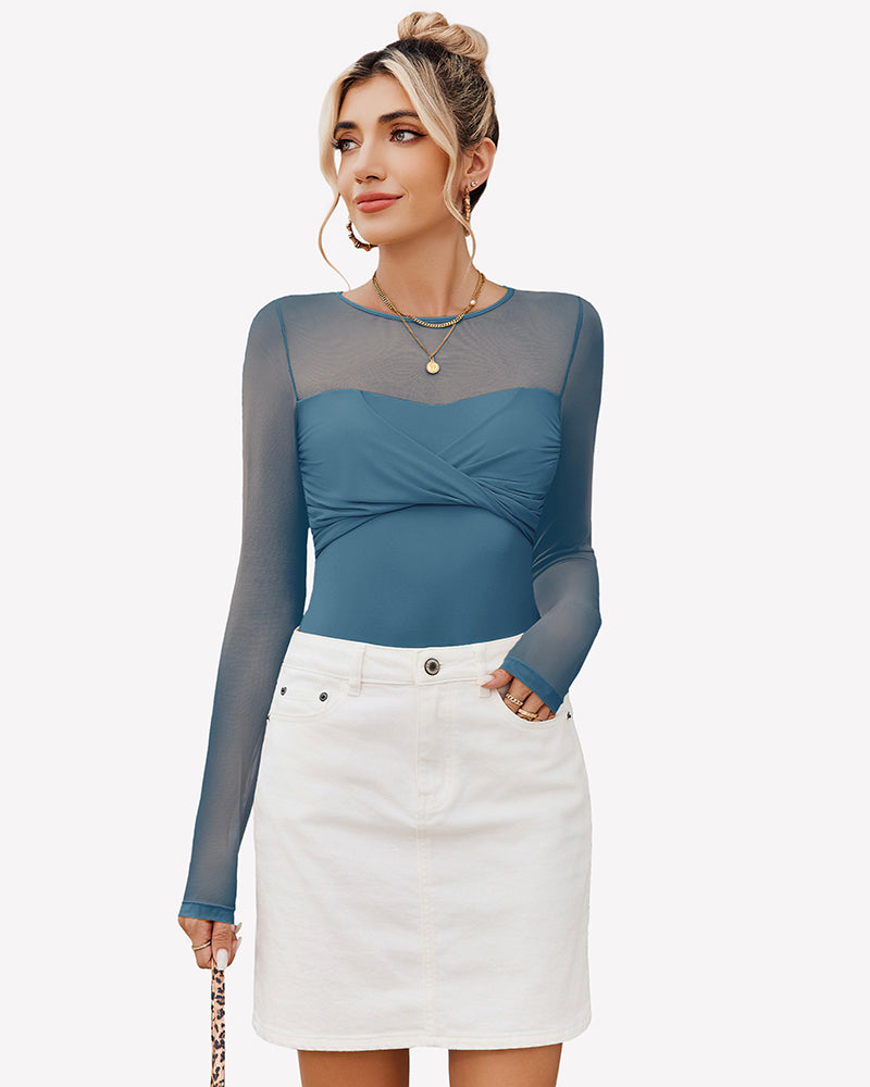 Long Sleeve Sheer Leotard Twist Knot Tops