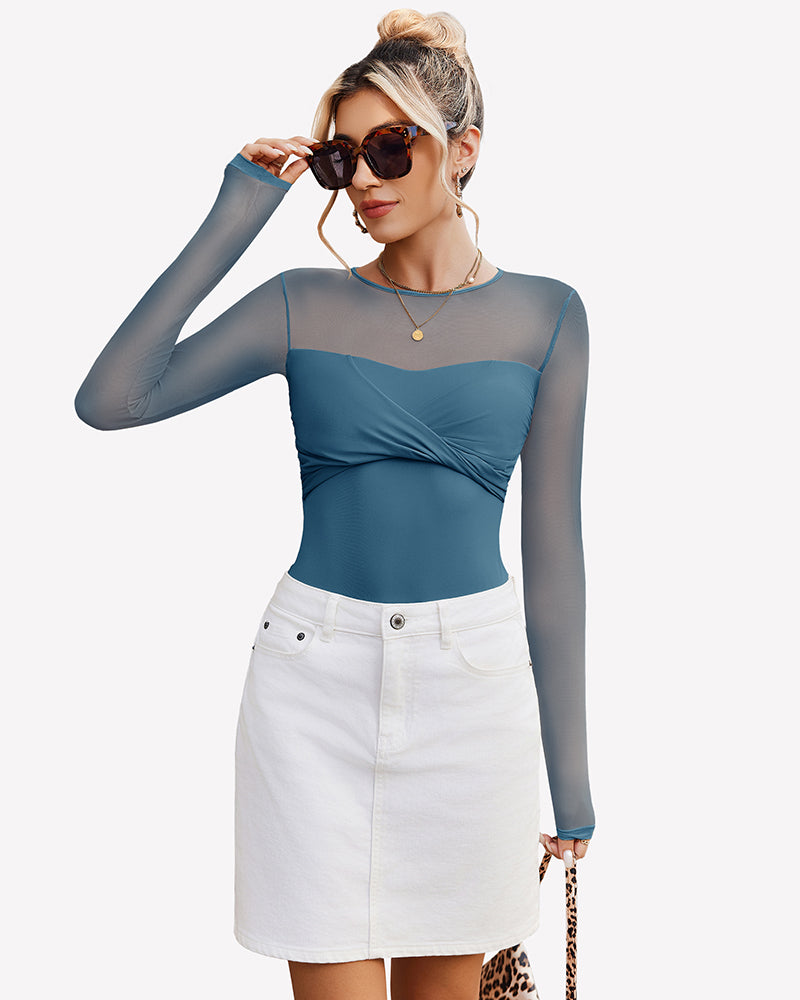 Long Sleeve Sheer Leotard Twist Knot Tops