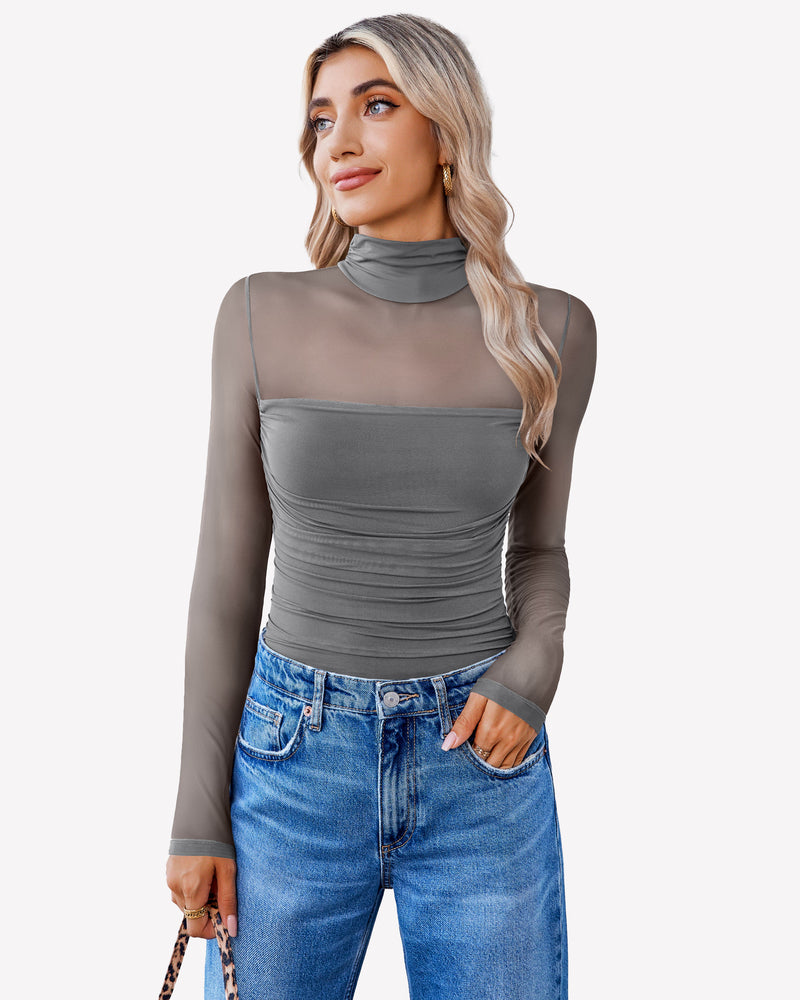 Turtle Neck Body Suits Mesh Leotard Shirt
