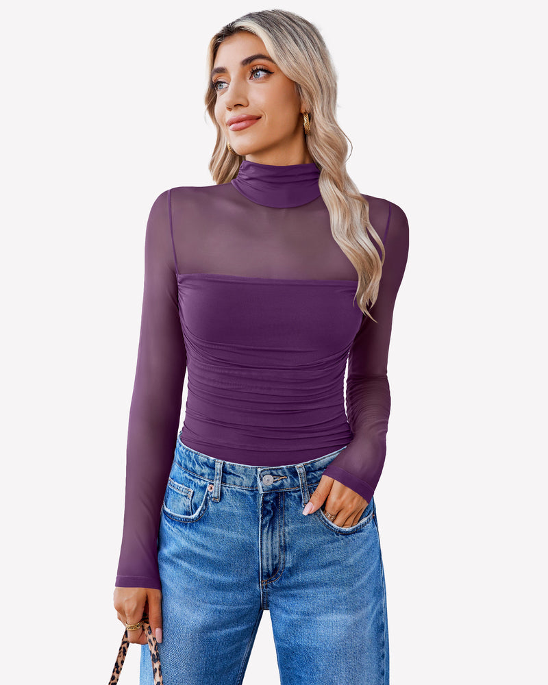 Turtle Neck Body Suits Mesh Leotard Shirt