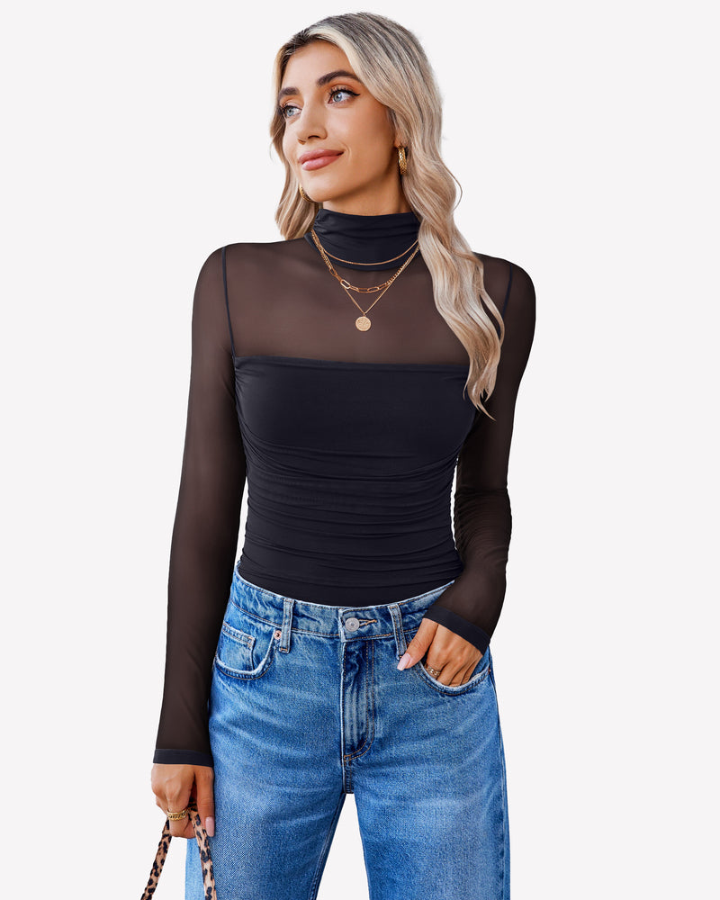 Turtle Neck Body Suits Mesh Leotard Shirt