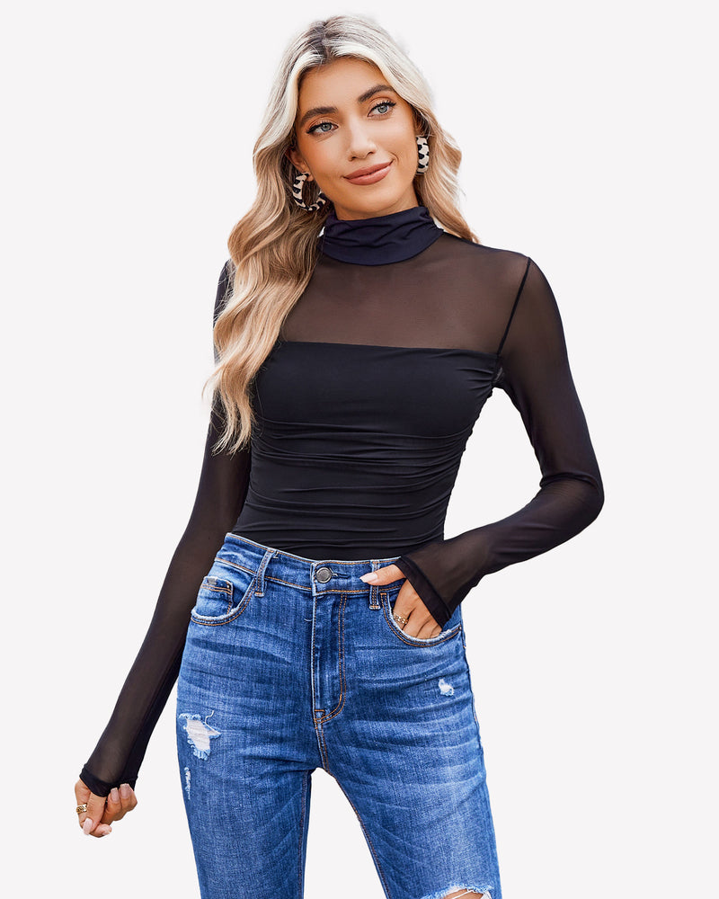 Turtle Neck Body Suits Mesh Leotard Shirt