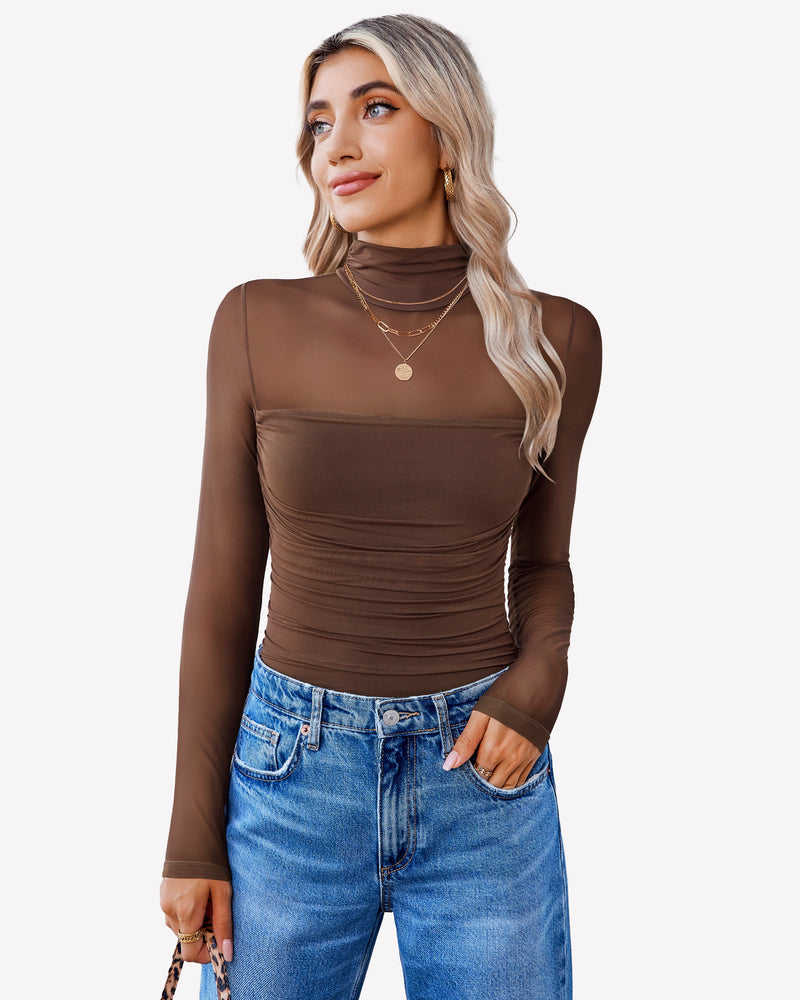 Turtle Neck Body Suits Mesh Leotard Shirt