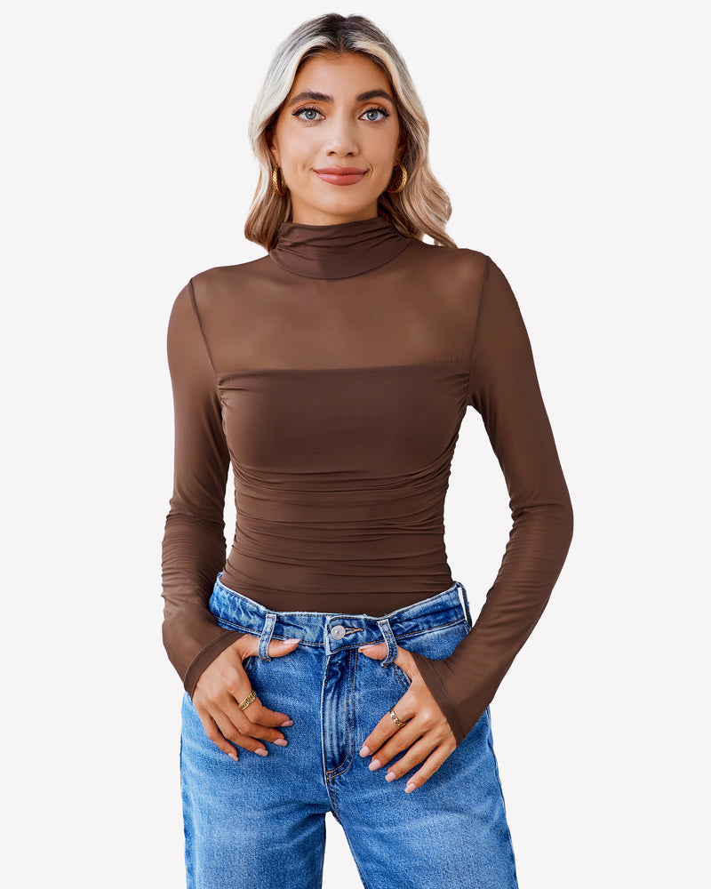 Turtle Neck Body Suits Mesh Leotard Shirt