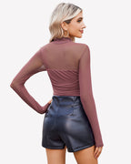 Turtle Neck Body Suits Mesh Leotard Shirt