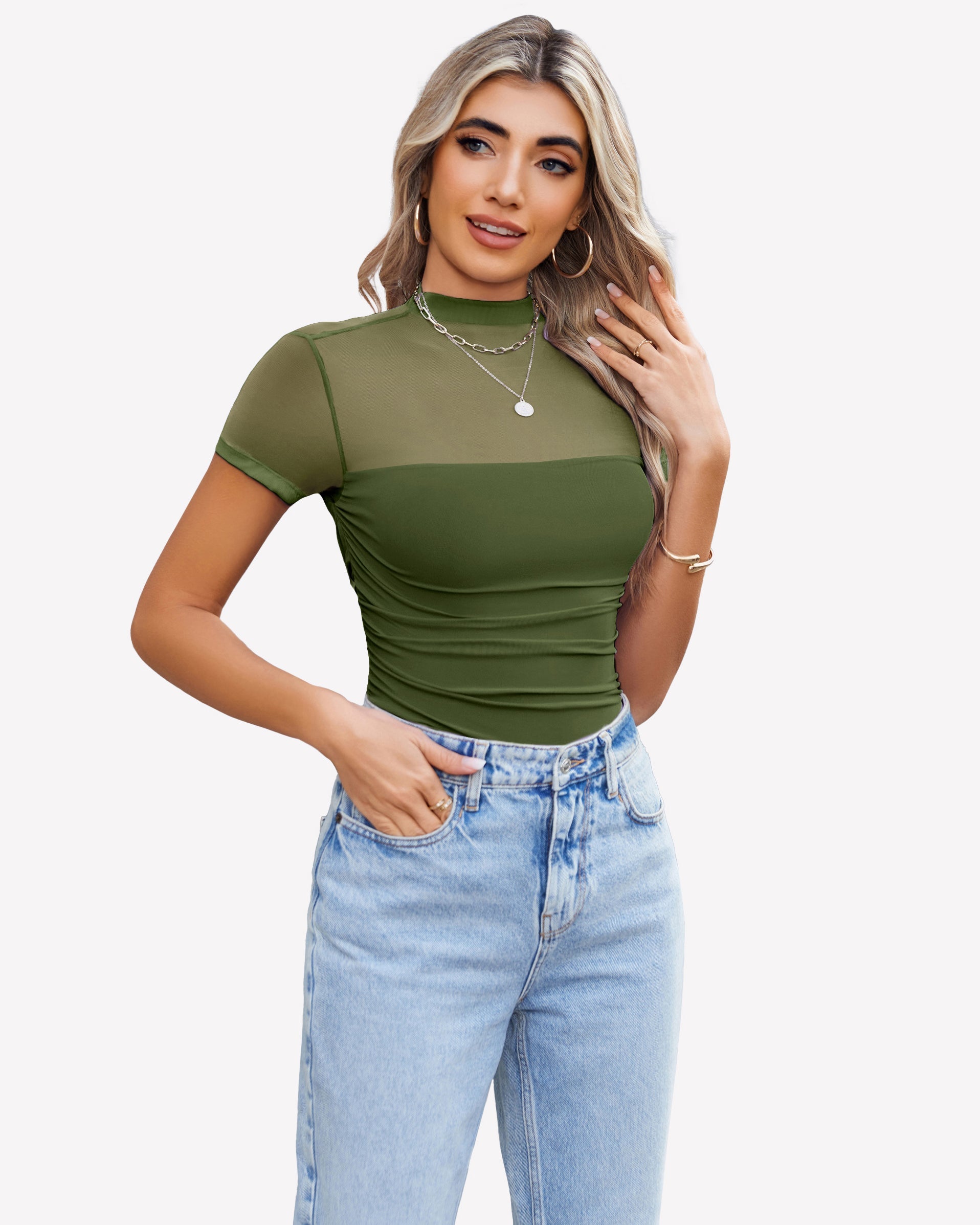 Short Sleeve Bodysuit Turtle Neck Mesh Tops