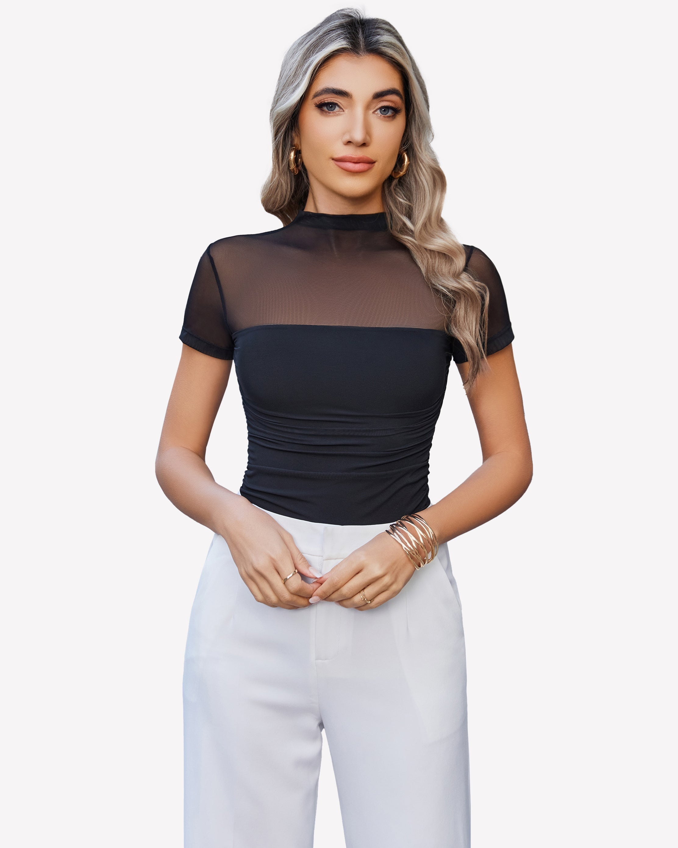 Short Sleeve Bodysuit Turtle Neck Mesh Tops