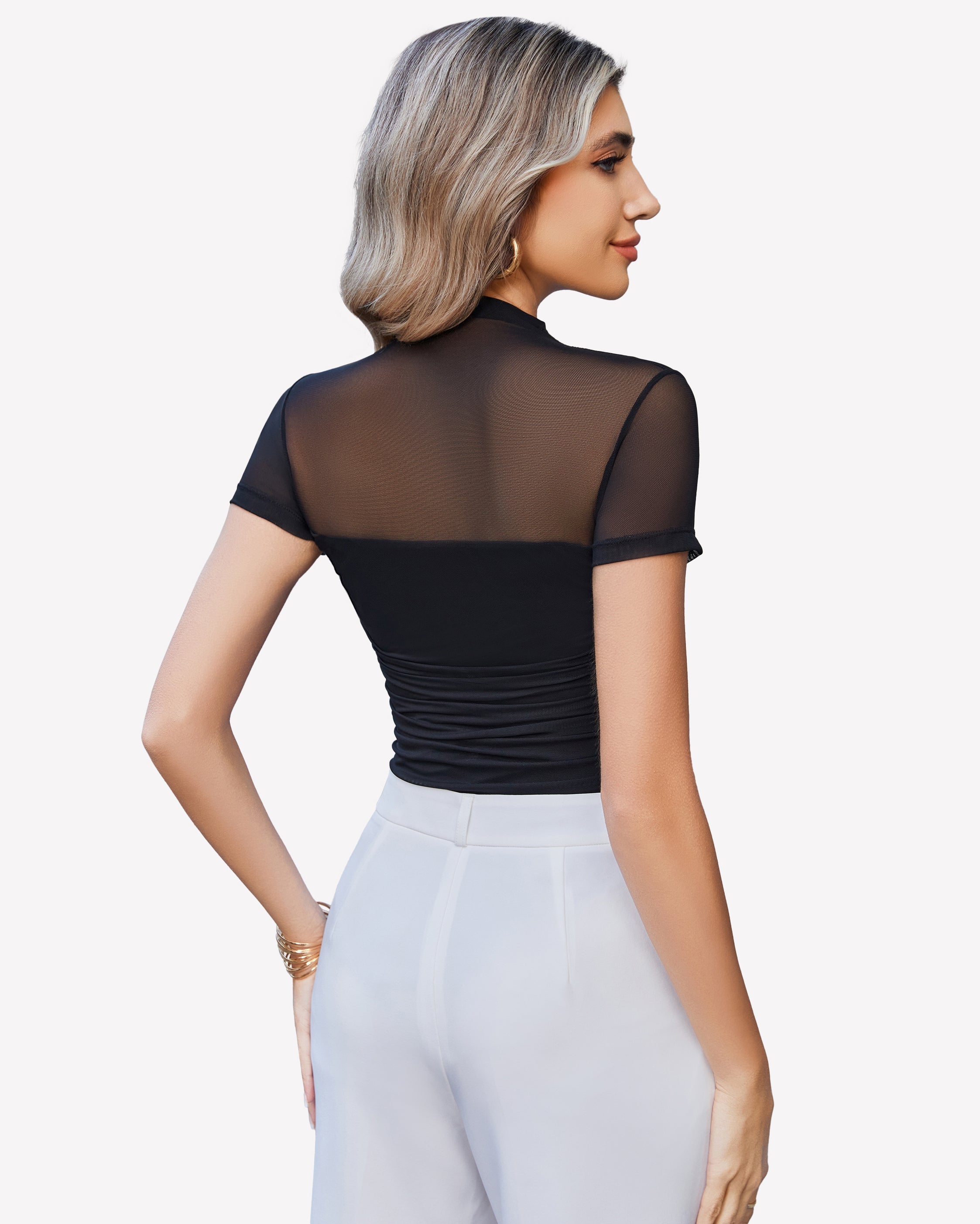 Short Sleeve Bodysuit Turtle Neck Mesh Tops
