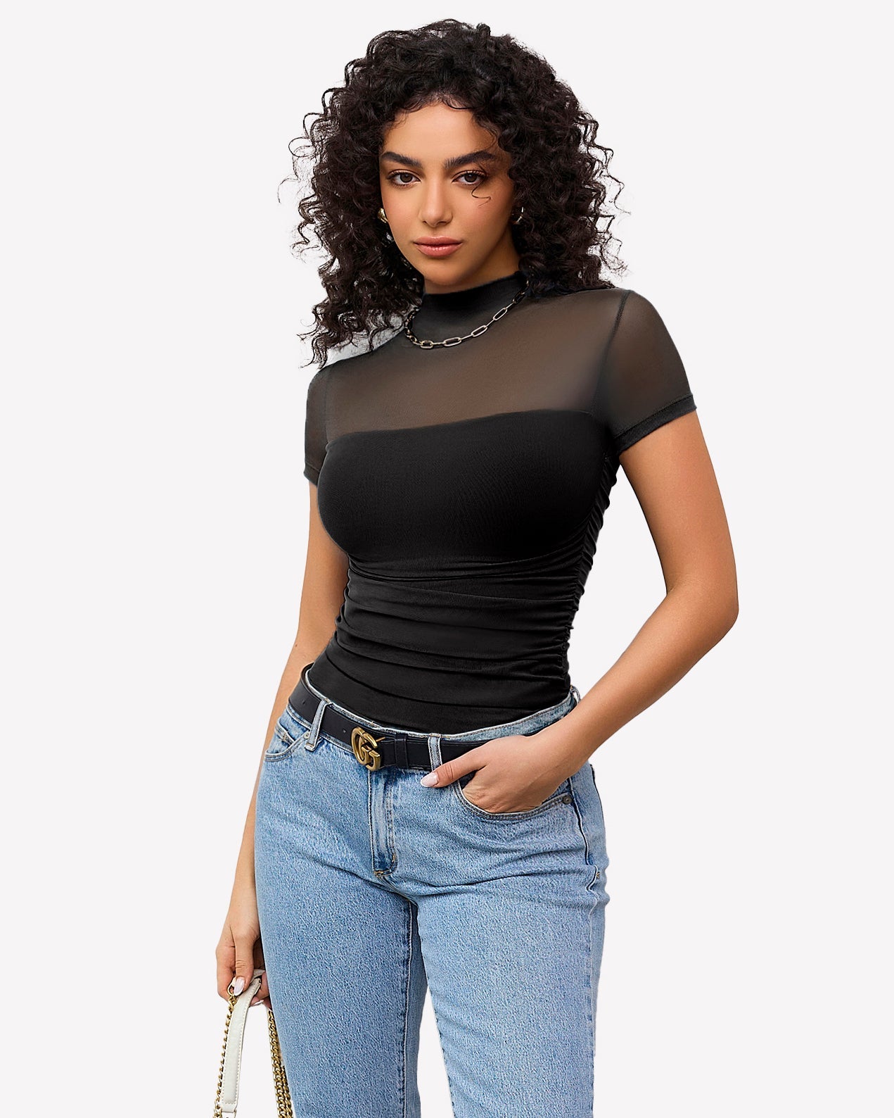 Short Sleeve Bodysuit Turtle Neck Mesh Tops