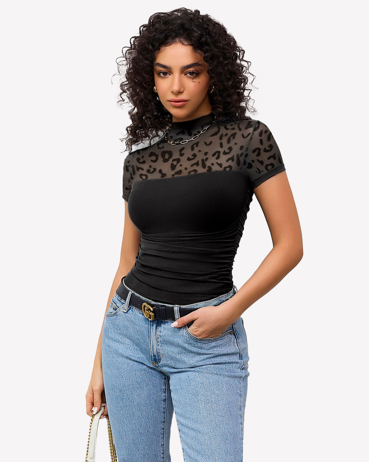Short Sleeve Bodysuit Turtle Neck Mesh Tops