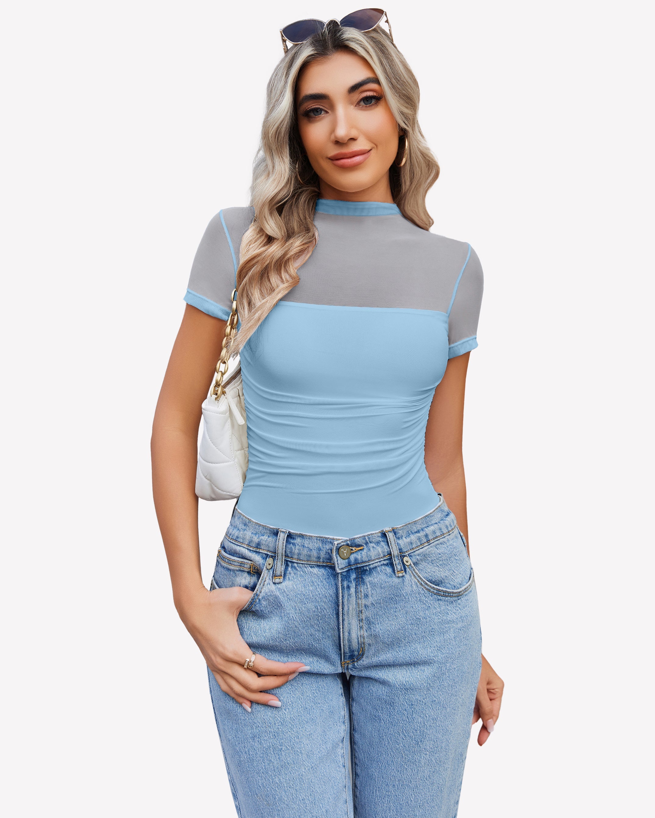 Short Sleeve Bodysuit Turtle Neck Mesh Tops