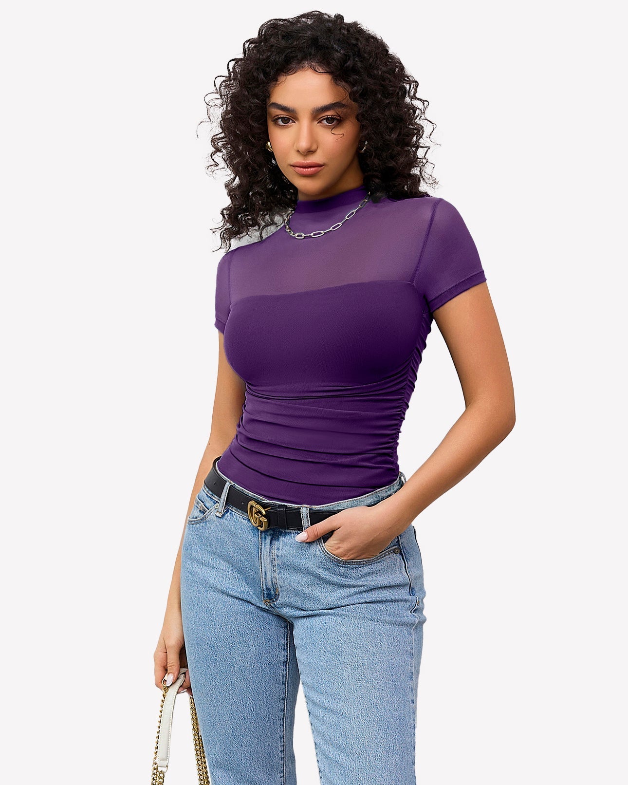 Short Sleeve Bodysuit Turtle Neck Mesh Tops