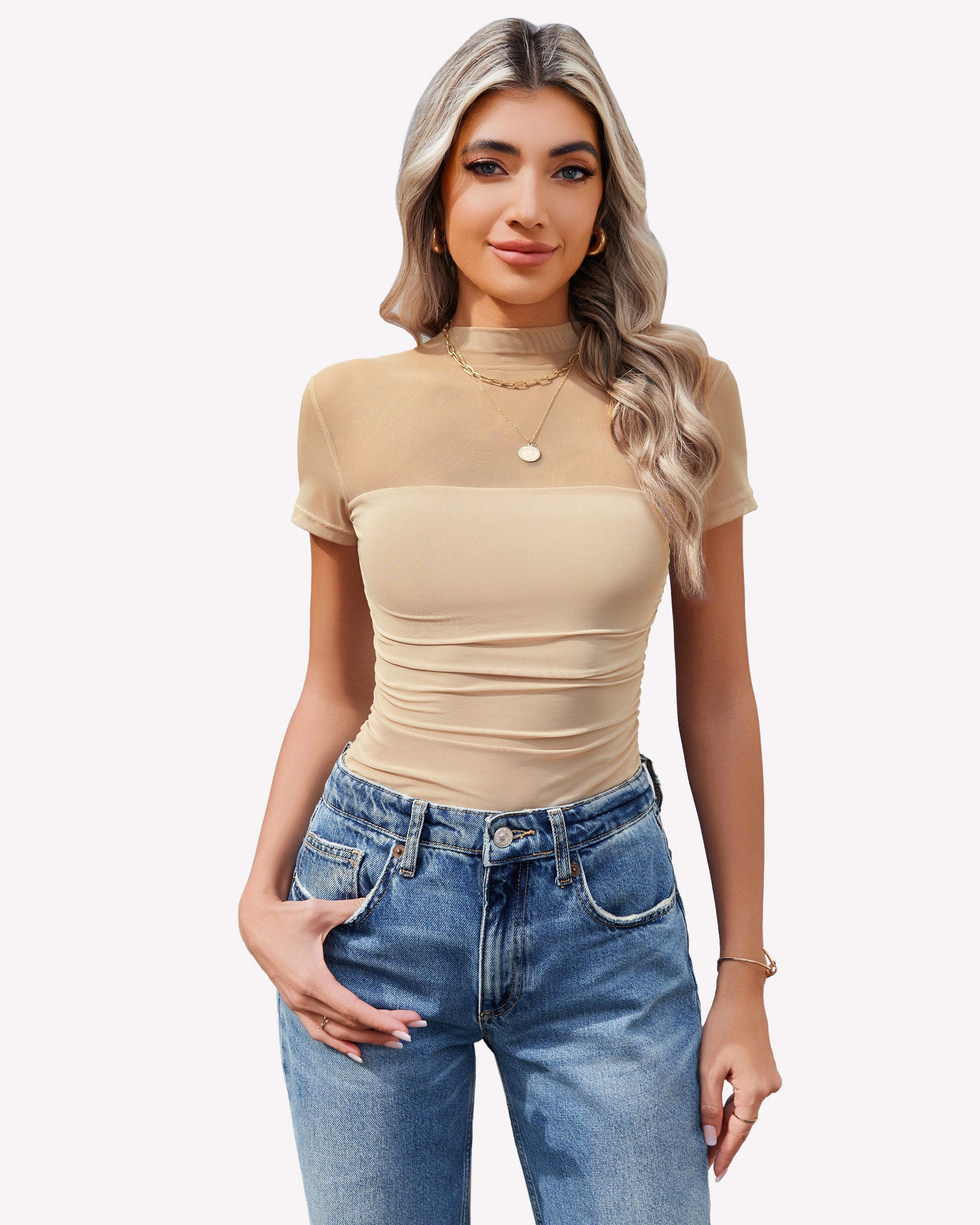 Short Sleeve Bodysuit Turtle Neck Mesh Tops