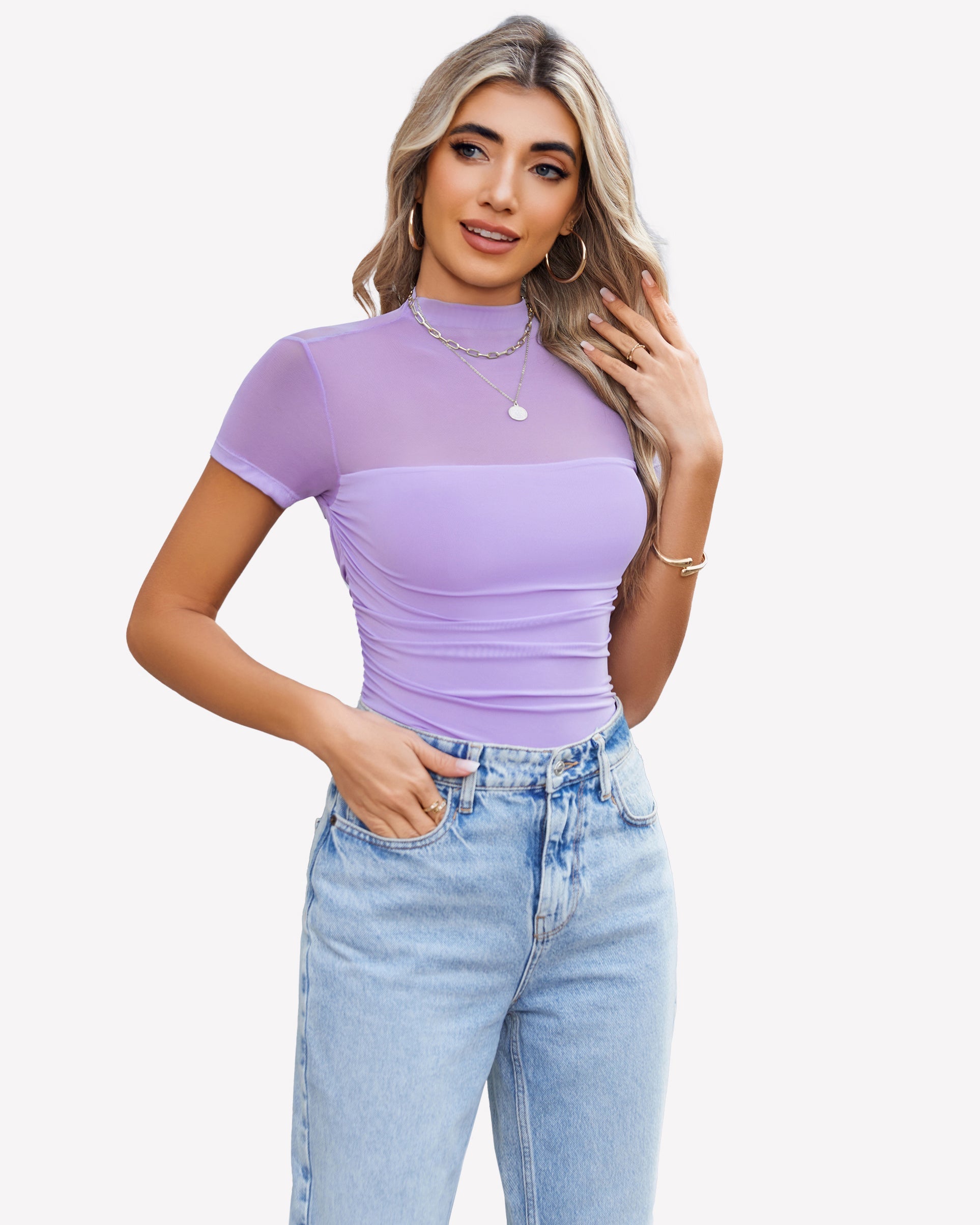 Short Sleeve Bodysuit Turtle Neck Mesh Tops