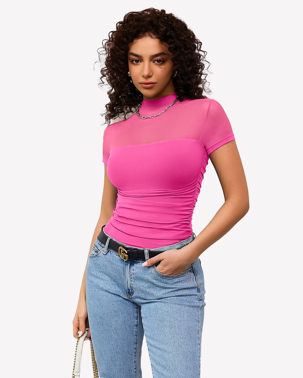 Short Sleeve Bodysuit Turtle Neck Mesh Tops