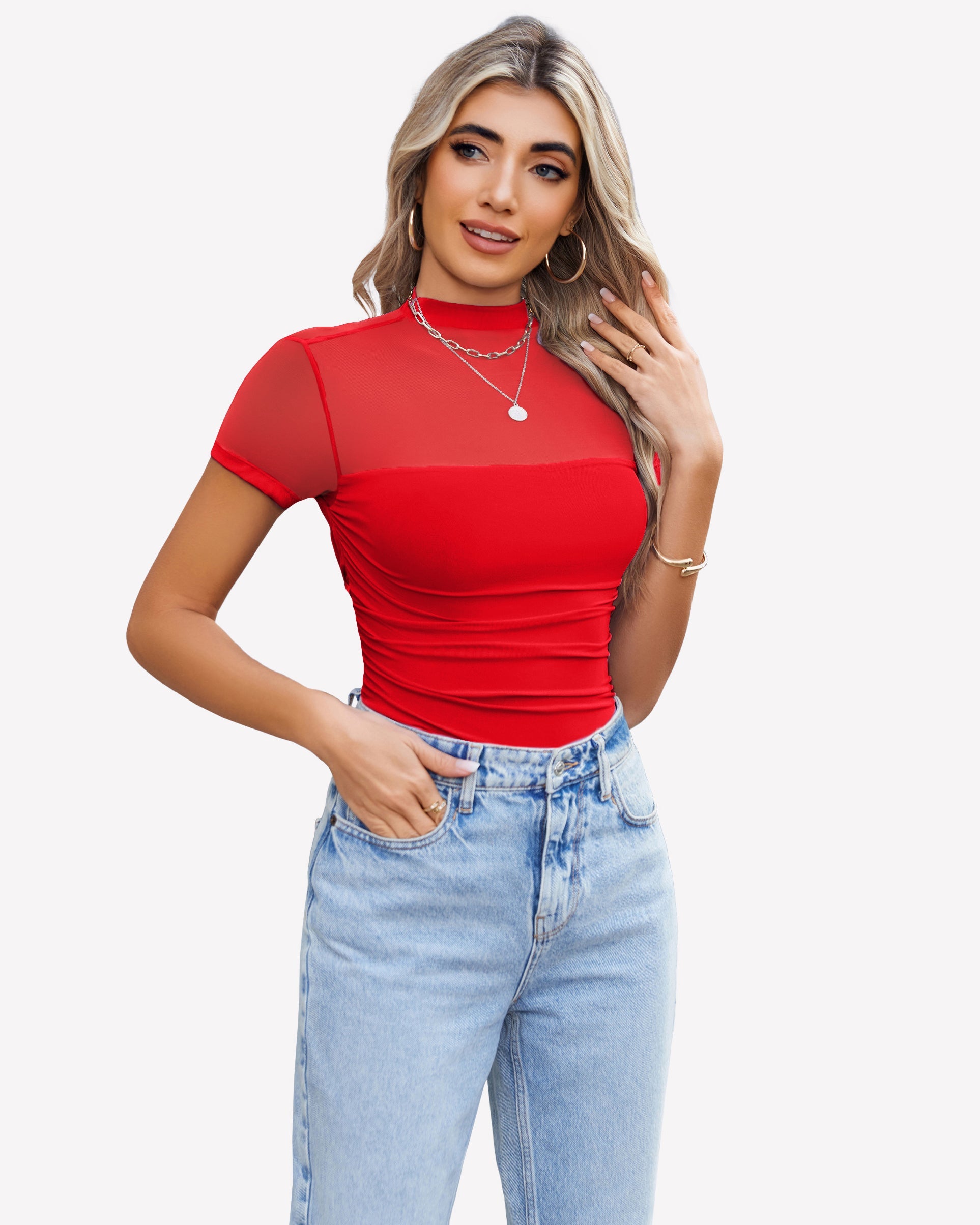 Short Sleeve Bodysuit Turtle Neck Mesh Tops
