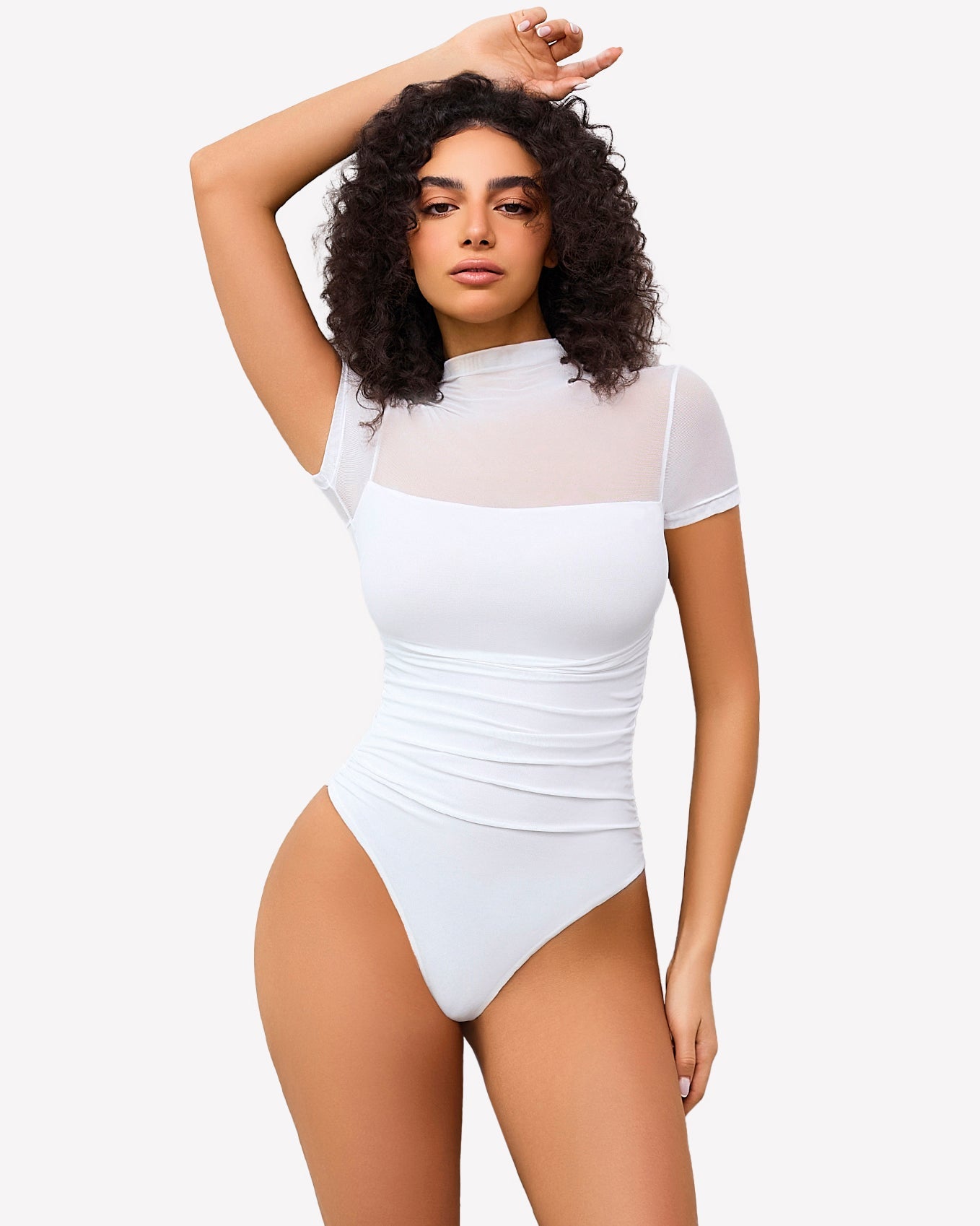 Short Sleeve Bodysuit Turtle Neck Mesh Tops