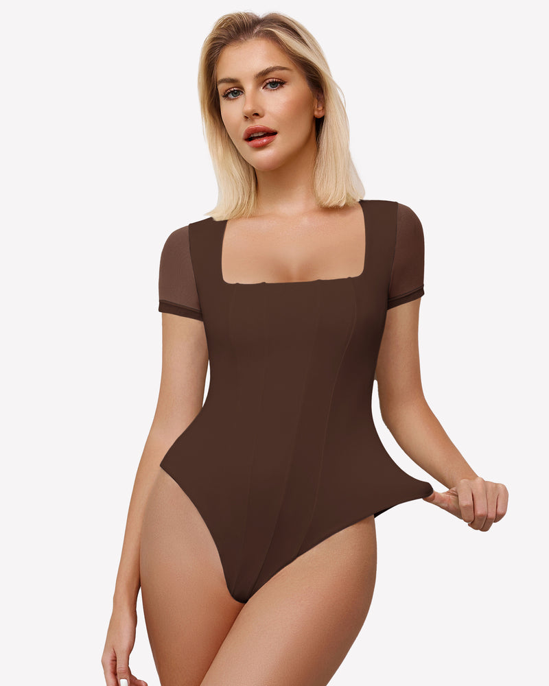 Square Neck Mesh Double Body Suit