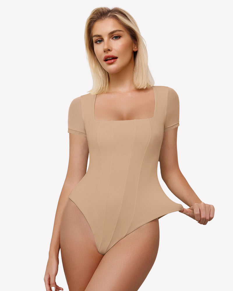 Square Neck Mesh Double Body Suit