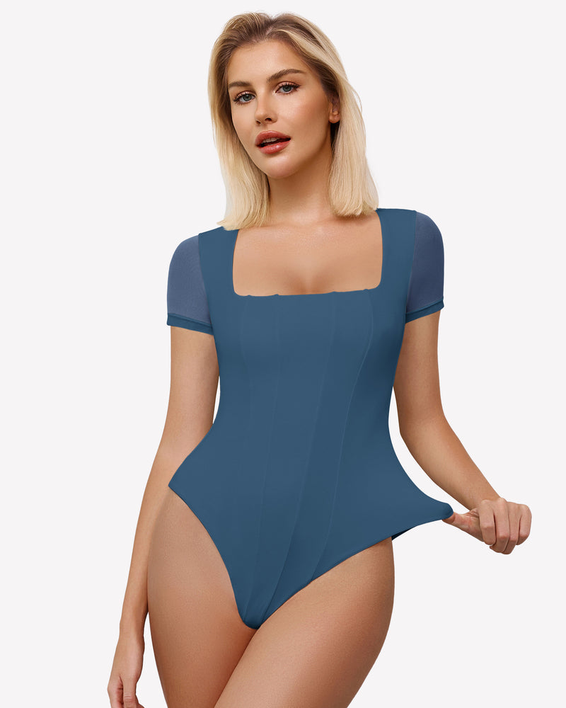Square Neck Mesh Double Body Suit
