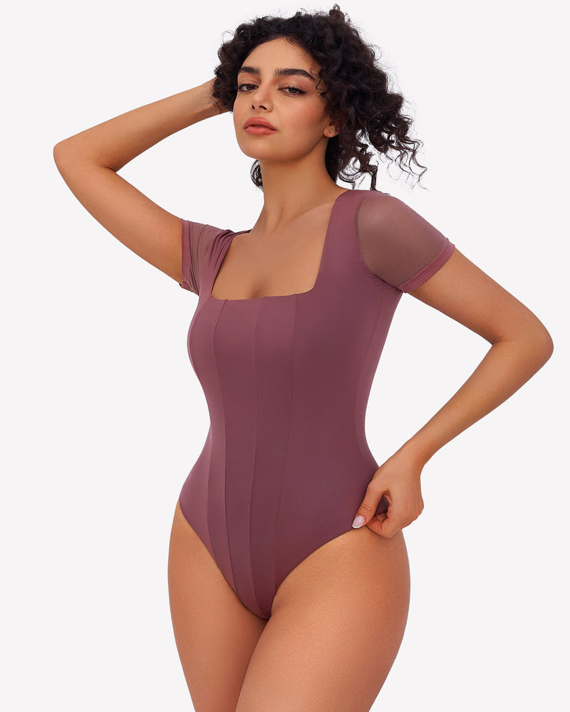Square Neck Mesh Double Body Suit