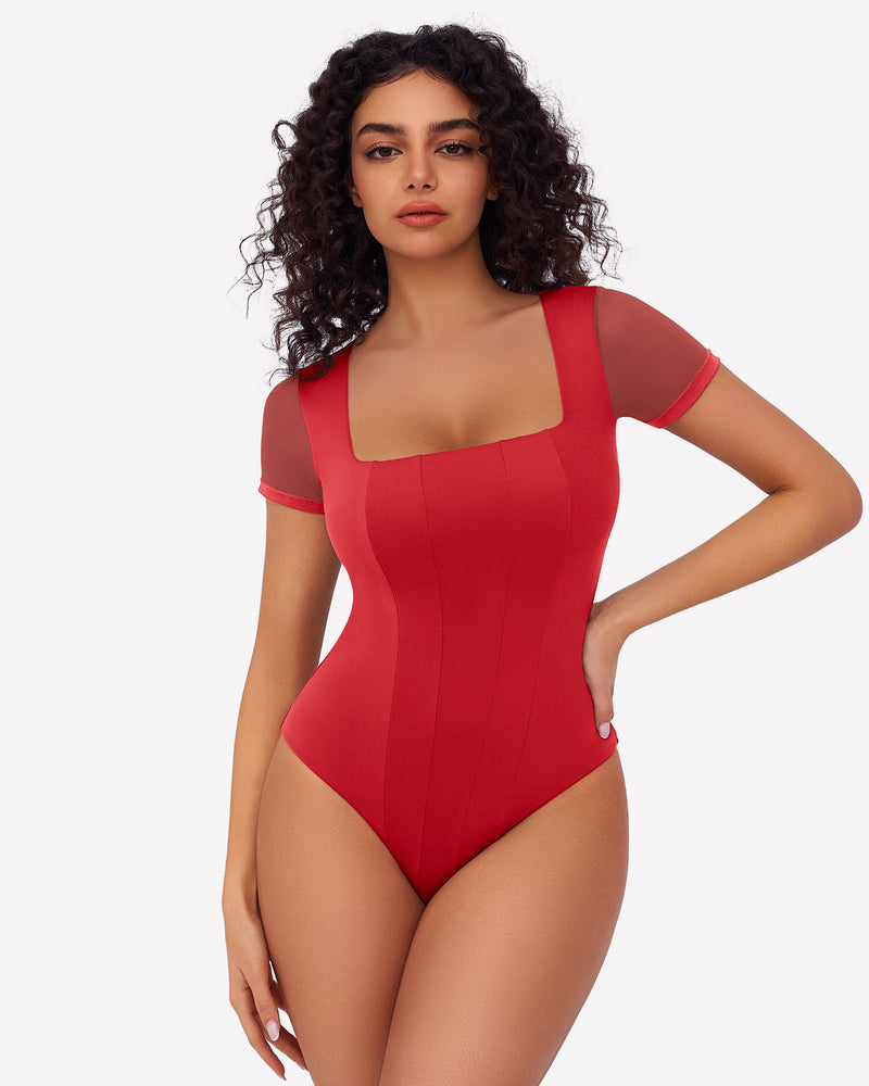 Square Neck Mesh Double Body Suit