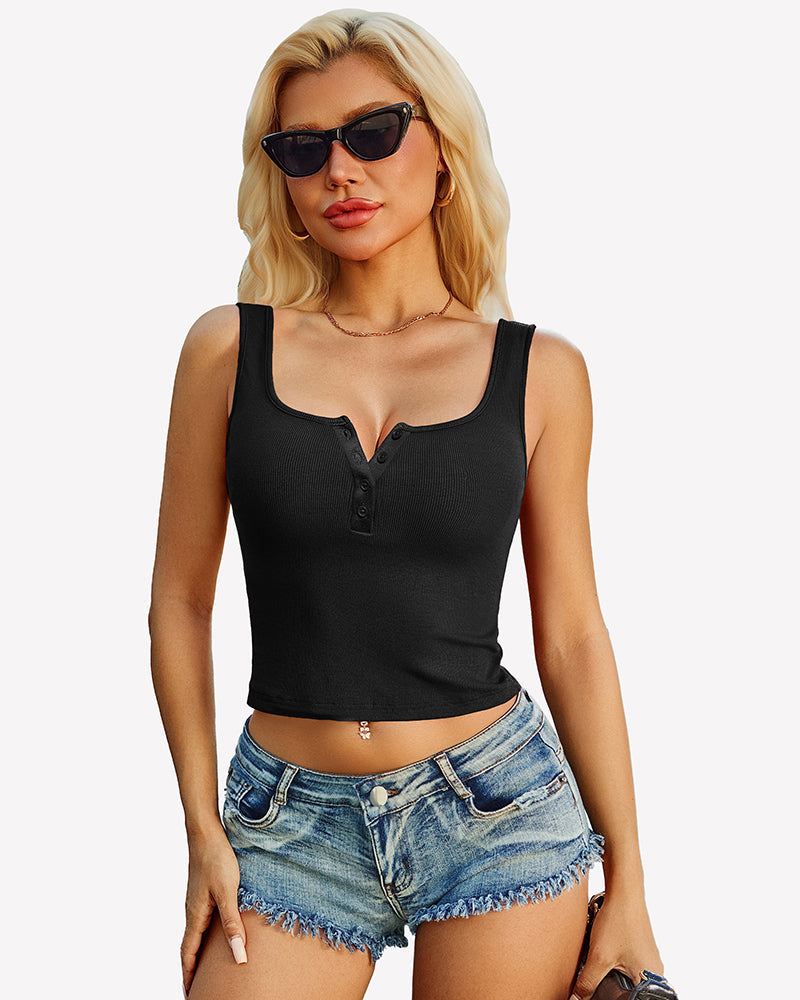 Ribbed Sleeveless Button Square Neck Top