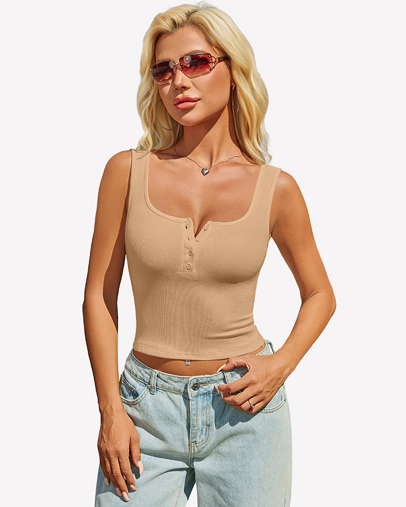Ribbed Sleeveless Button Square Neck Top