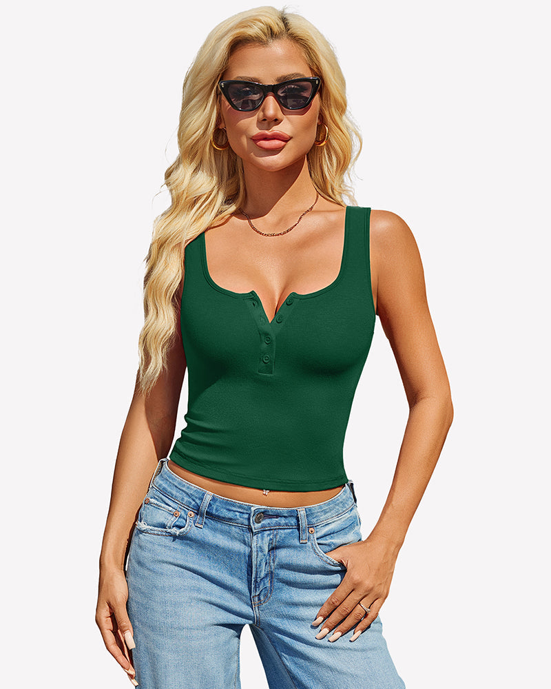 Ribbed Sleeveless Button Square Neck Top