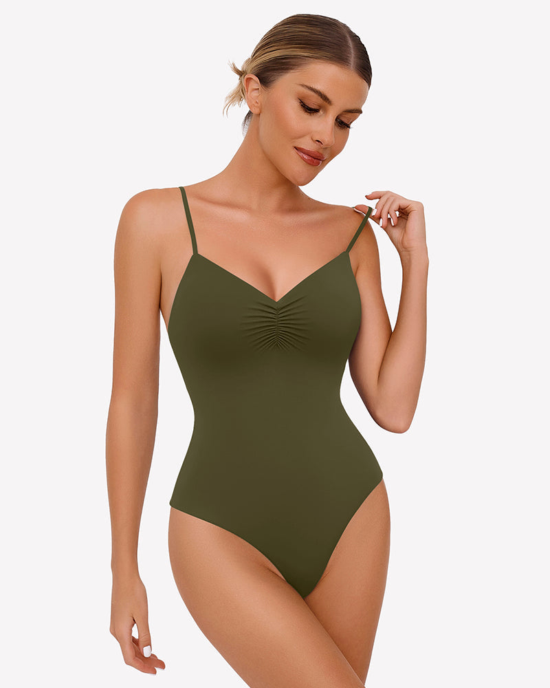 Ruched V Neck Thong Bodysuit