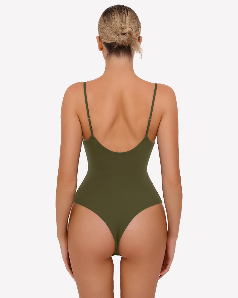 Ruched V Neck Thong Bodysuit