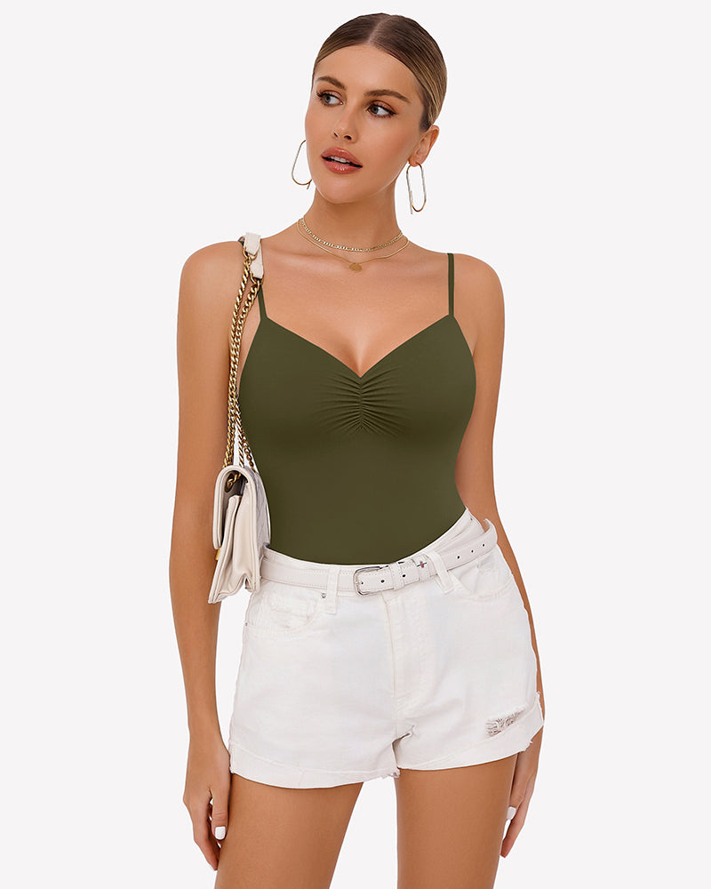 Ruched V Neck Thong Bodysuit