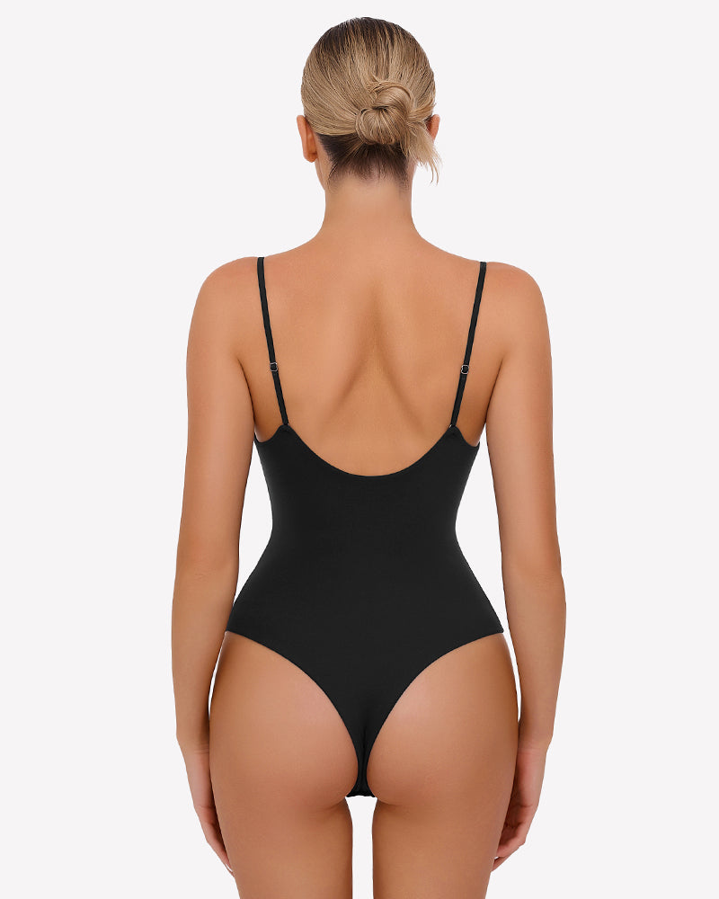Ruched V Neck Thong Bodysuit