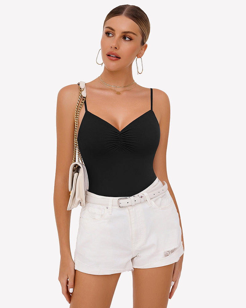 Ruched V Neck Thong Bodysuit