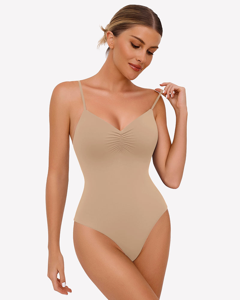 Ruched V Neck Thong Bodysuit