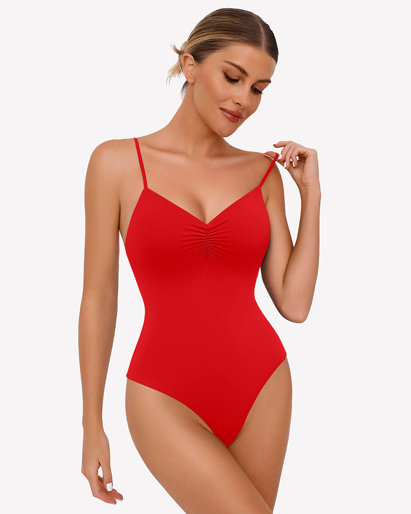 Ruched V Neck Thong Bodysuit