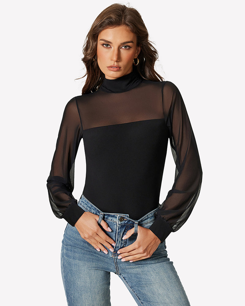 Long Sleeve Mesh Turtleneck Bodysuit